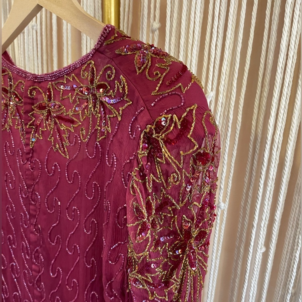 Vintage beaded, burgundy, long-sleeve cocktail sheer overlay dress - Picture 5 of 10